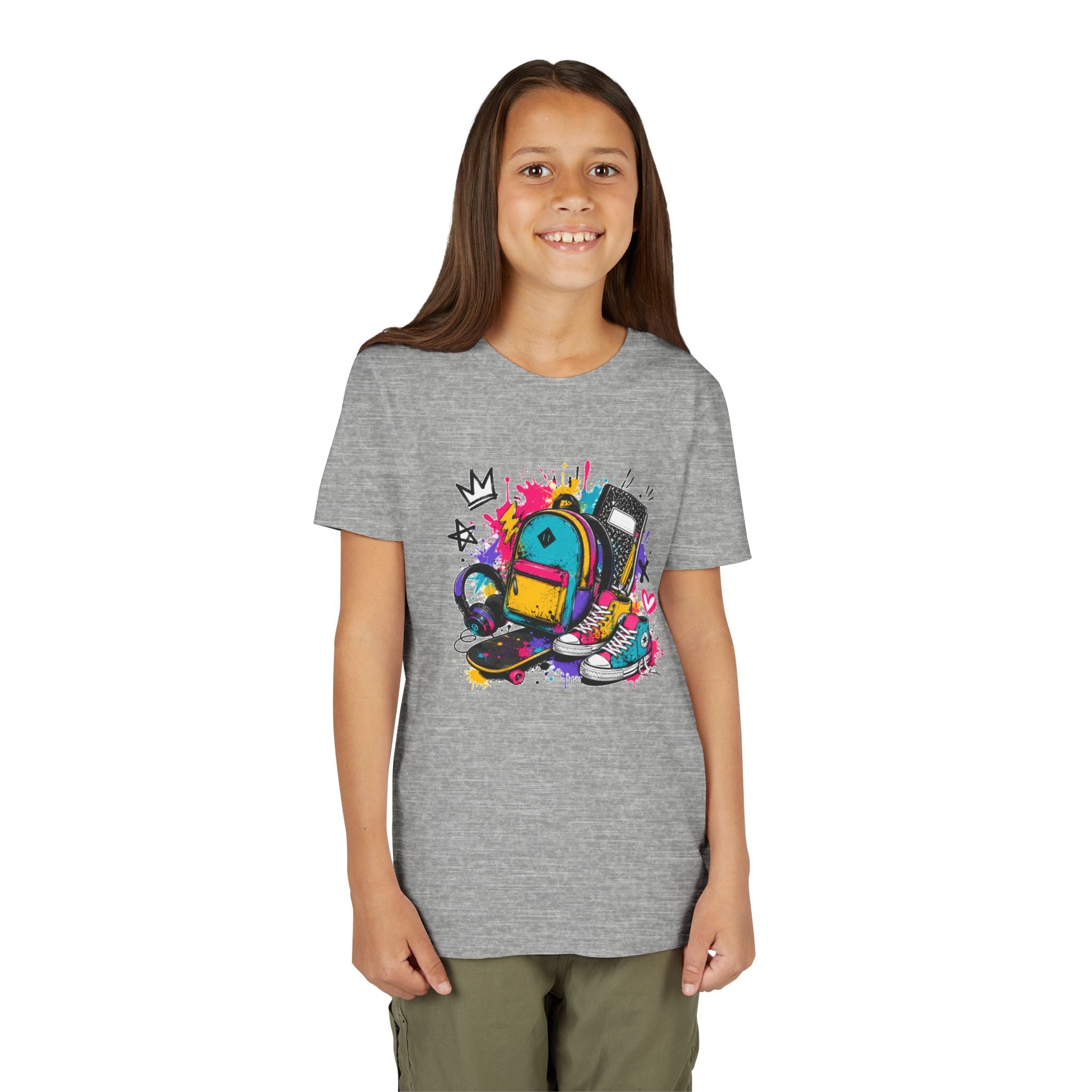 Youth Tee — Colorful Back-to-School Backpack Skateboard Graphic
