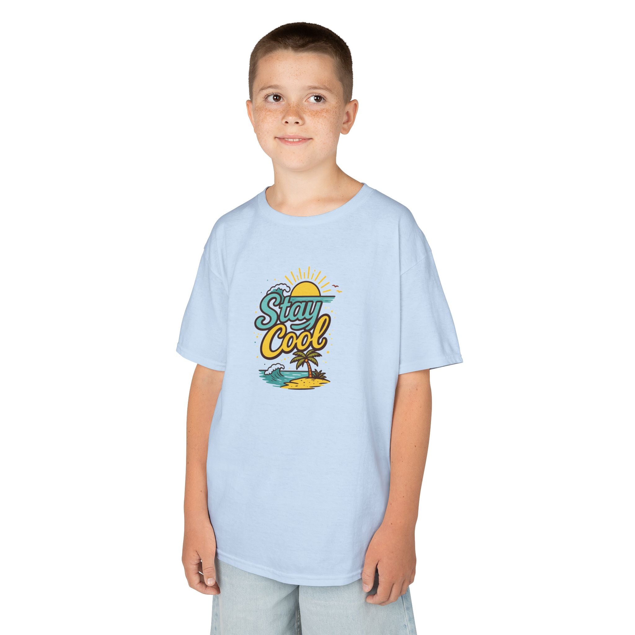 Kids "Stay Cool" Beach Graphic Tee — Tropical Sun & Palm Vacation Shirt