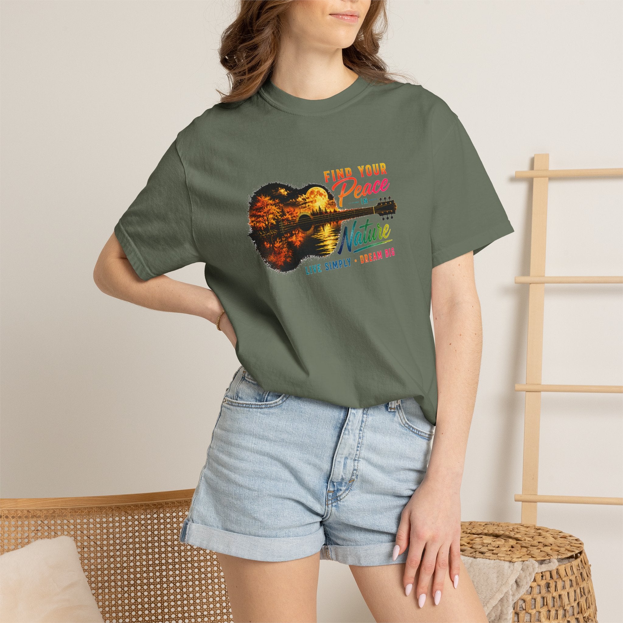 Acoustic Guitar Nature T-Shirt, Find Your Peace in Nature Tee, Music Lover Gift, Camping Shirt, Outdoor Graphic Tee, Hiking Shirt
