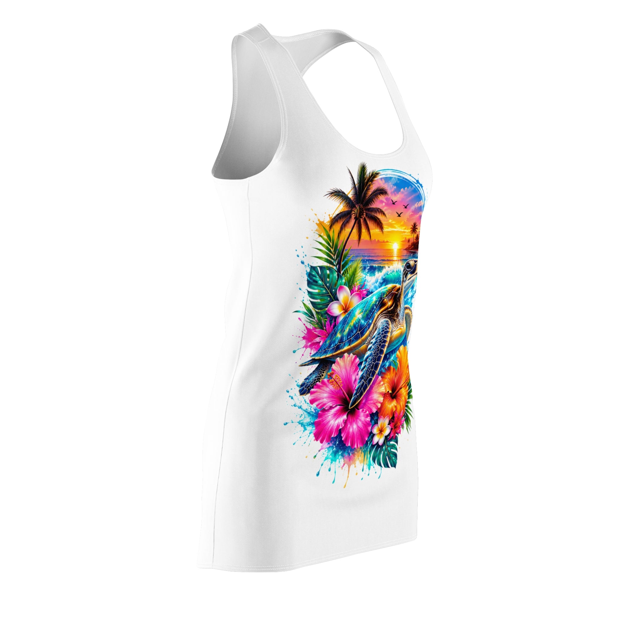 Tropical Sea Turtle Racerback Dress – Sunset Hibiscus Beach Print