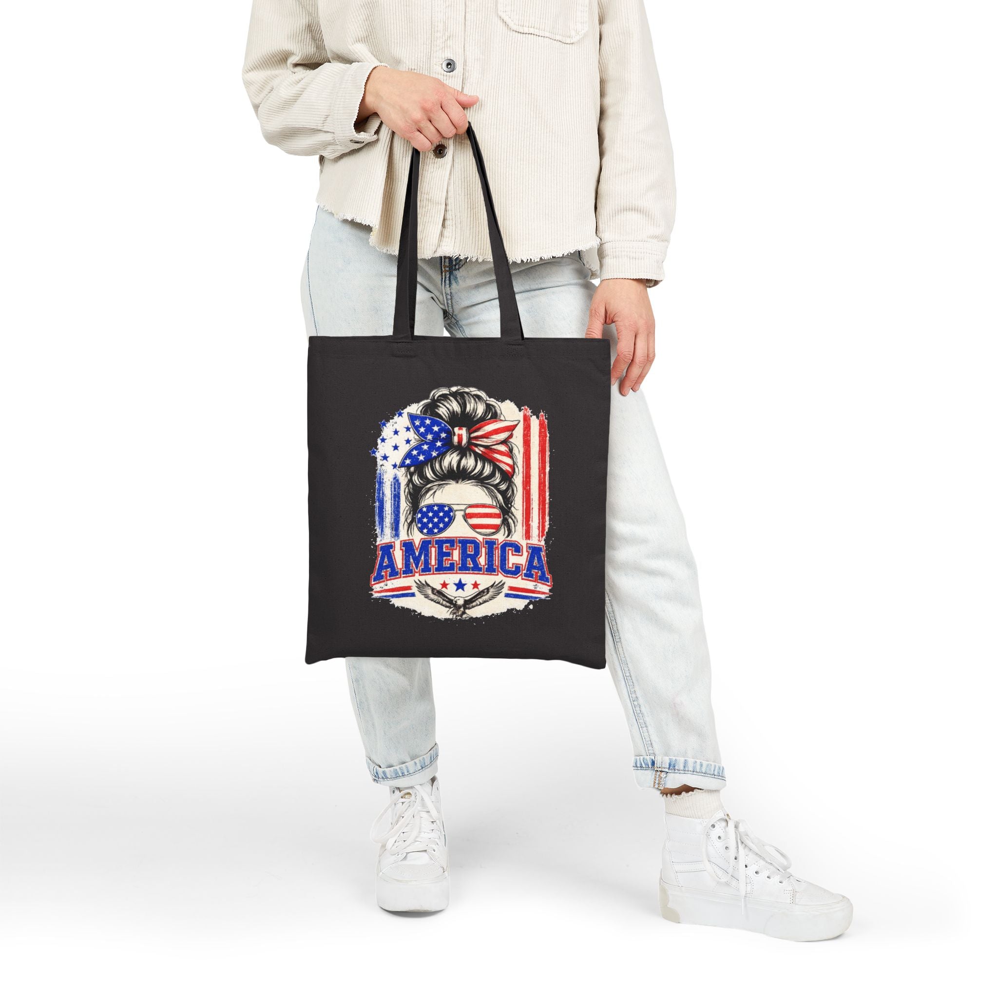 America Flag Hair Messy Bun Tote Bag — Patriotic 4th of July Cotton Canvas Tote