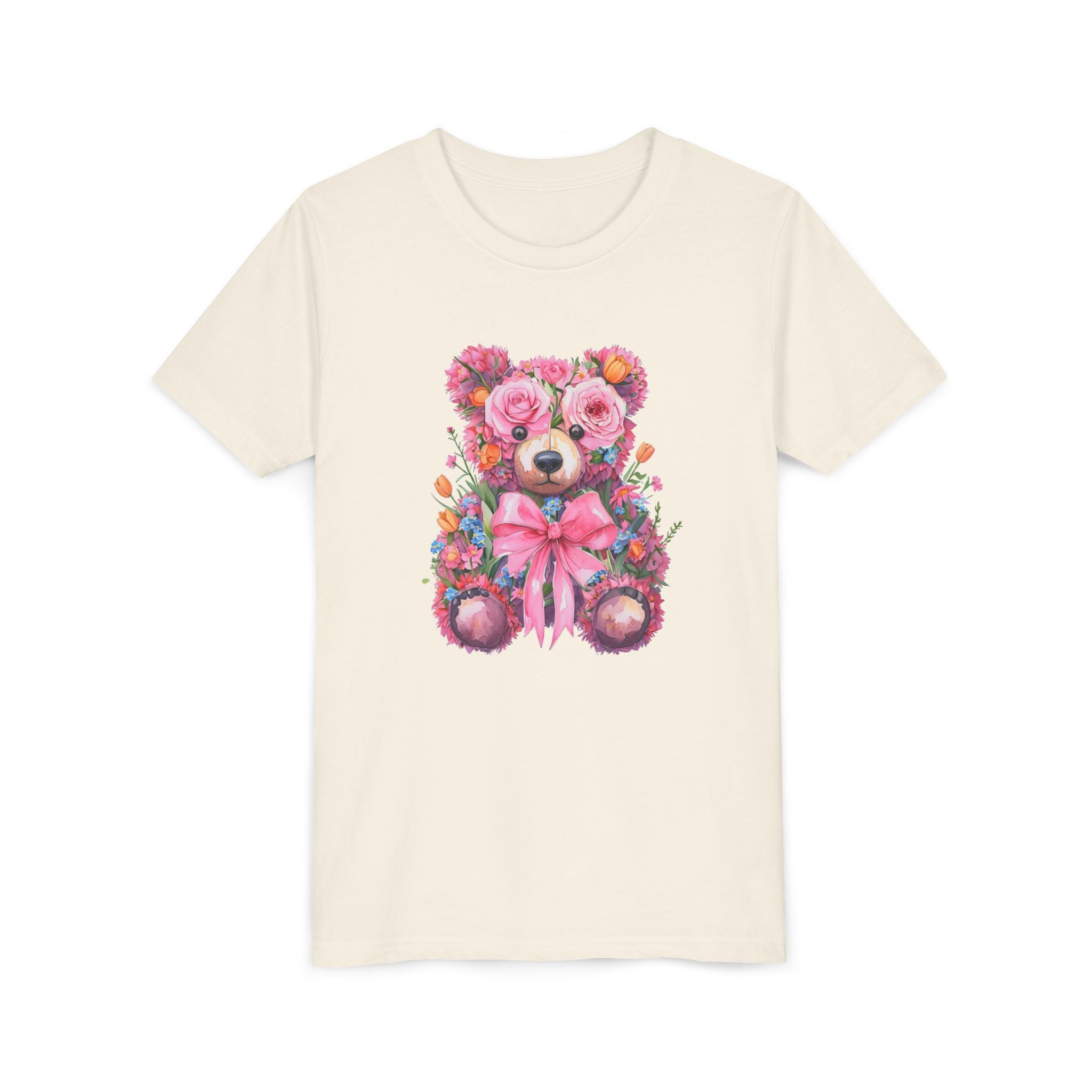Floral Teddy Bear Kids T-Shirt, Cute Pink Bear Tee, Flower Bear Youth Shirt, Gift for Girls