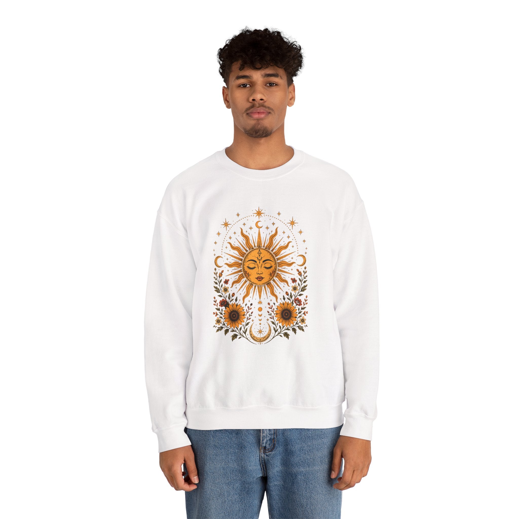 Sun & Sunflower Crewneck Sweatshirt, Boho Celestial Sweatshirt, Vintage Sun Graphic, Cozy Unisex Pullover, Gift for Her