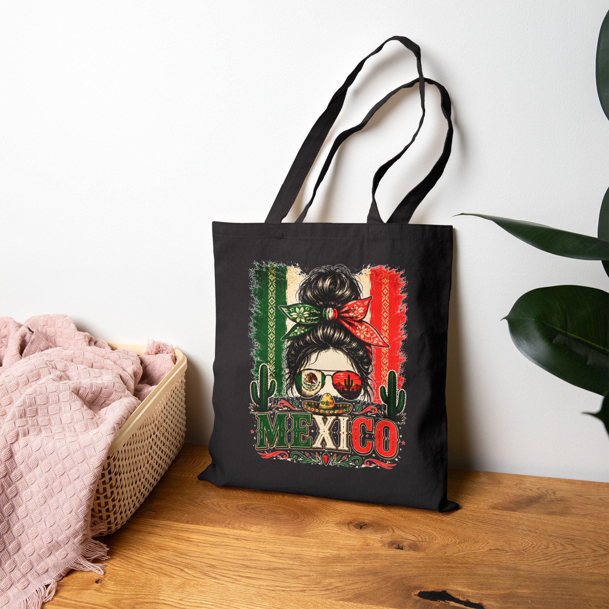 Mexico Messy Bun Tote Bag – Mexican Flag Sunglasses Canvas Tote