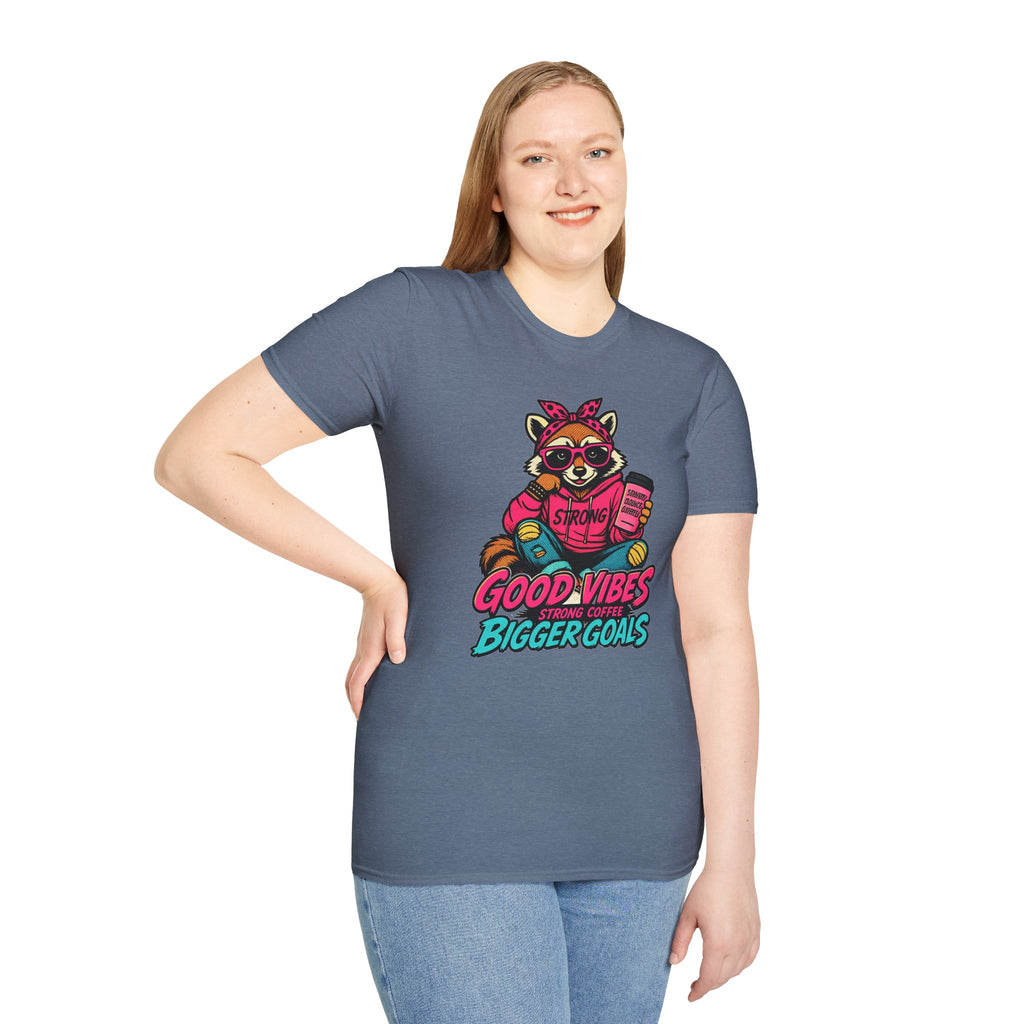 Good Vibes Bigger Goals T-Shirt — Raccoon Coffee Motivation Tee