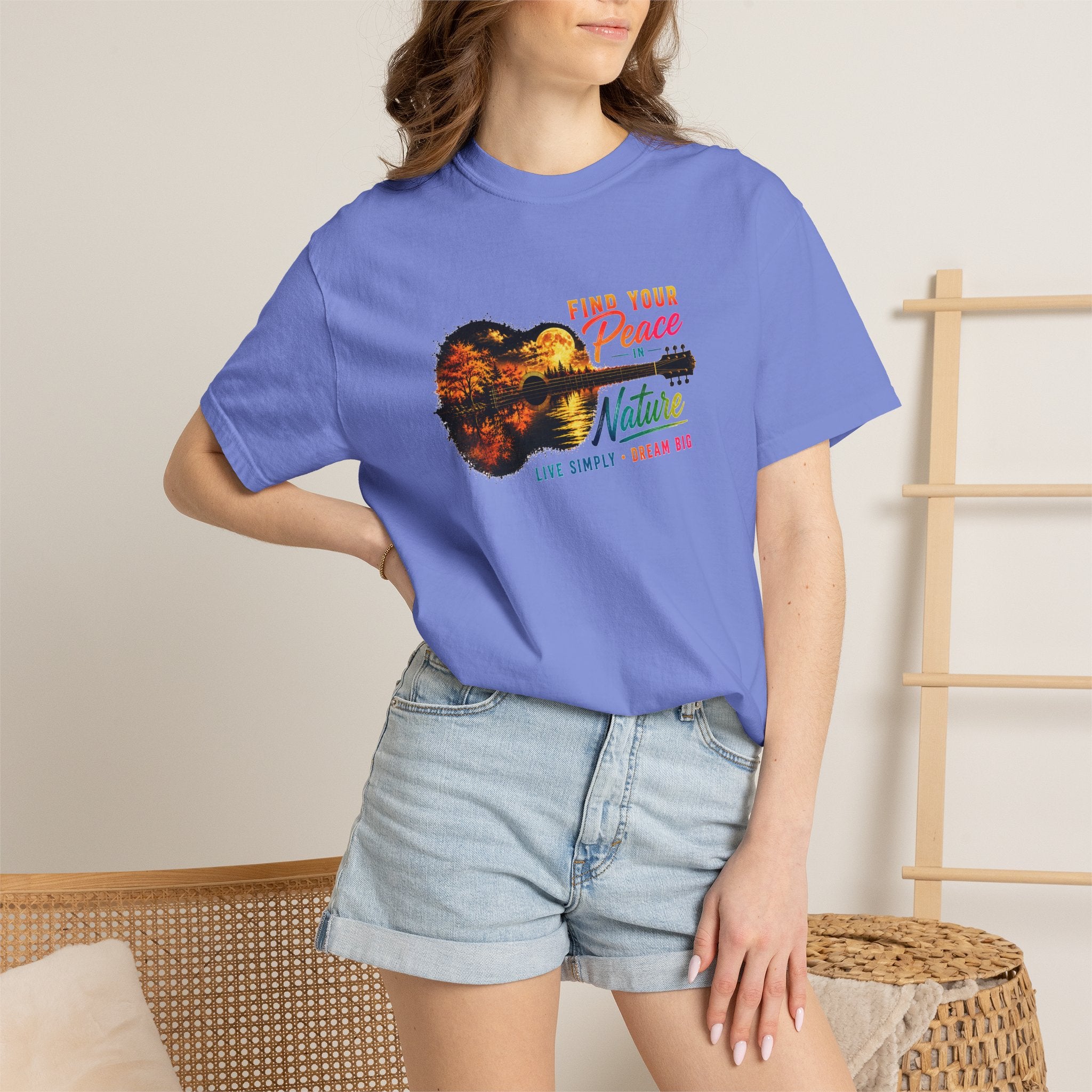 Acoustic Guitar Nature T-Shirt, Find Your Peace in Nature Tee, Music Lover Gift, Camping Shirt, Outdoor Graphic Tee, Hiking Shirt