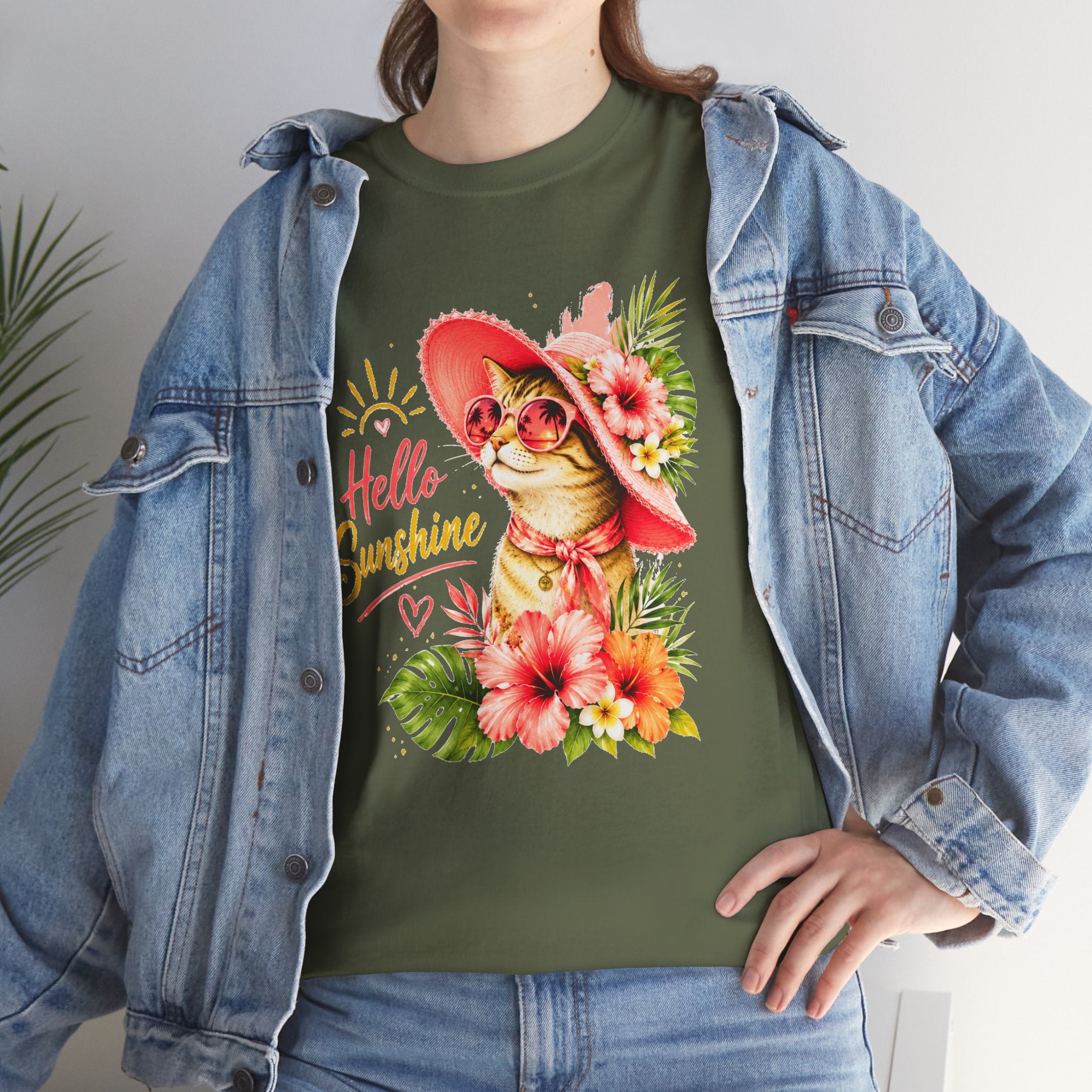 Hello Sunshine Cat Shirt | Cute Floral Cat T-Shirt | Tropical Summer Kitty Tee | Cat Lover Gift | Cute Women's Graphic Tee
