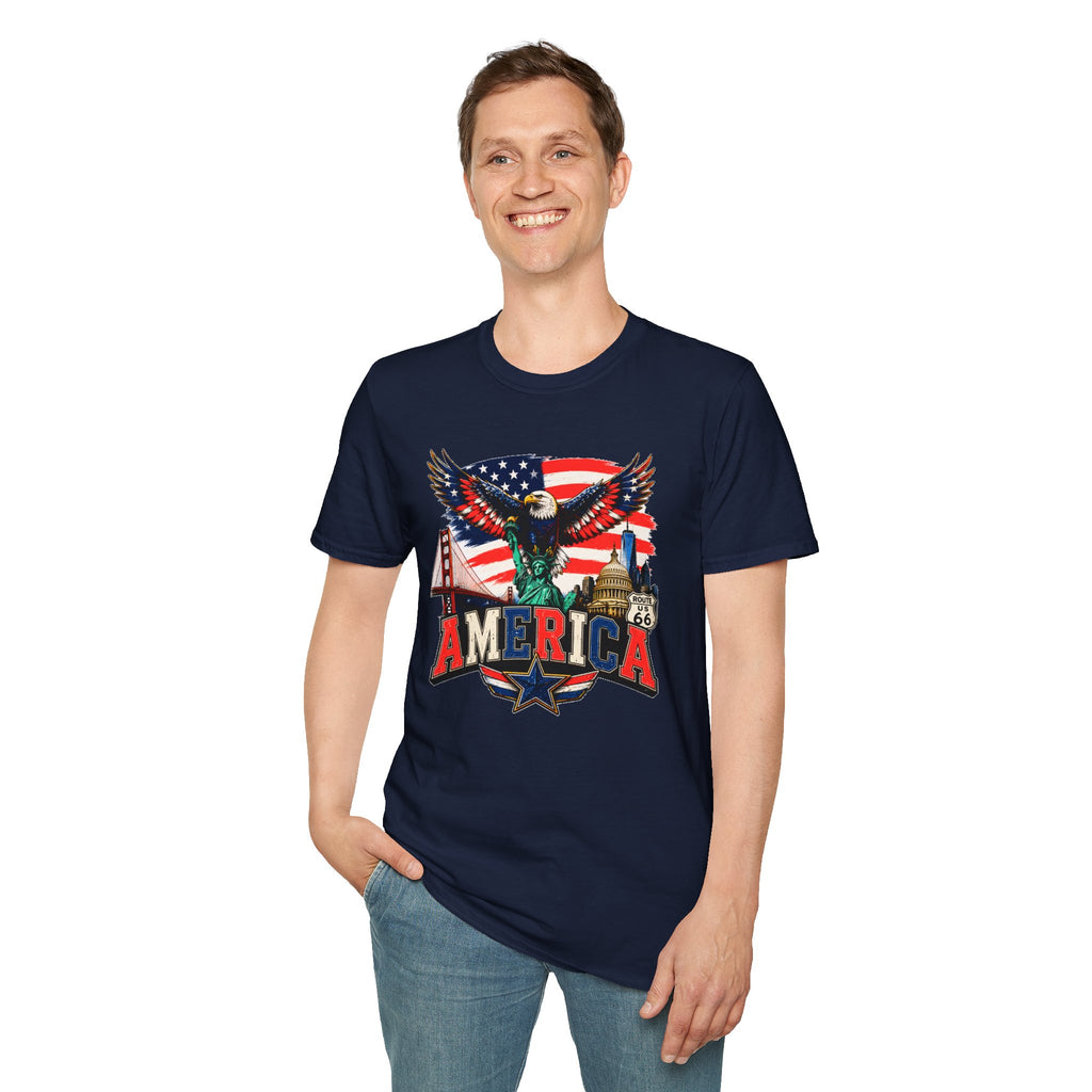 America Eagle Graphic T-Shirt — Patriotic USA Flag & Landmarks Tee (Statue of Liberty, Golden Gate, Capitol, Route 66)