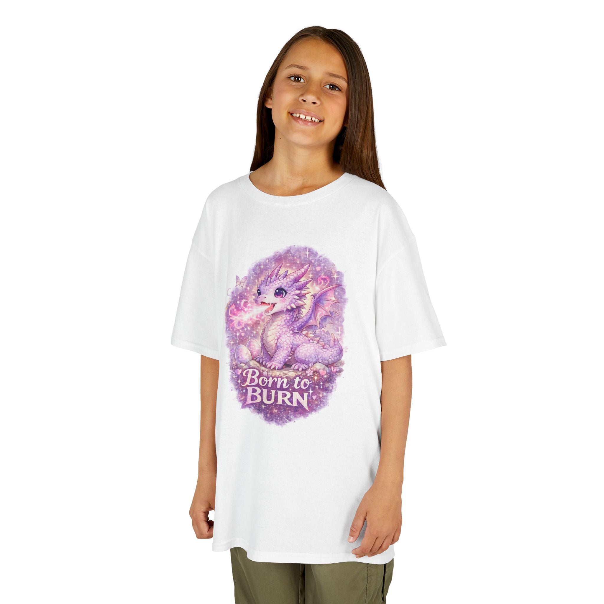 Cute Purple Dragon Kids T-Shirt, Fantasy Dragon Tee for Girls, Born to Burn Graphic Shirt, Magical Dragon Shirt, Kids Fantasy Clothing