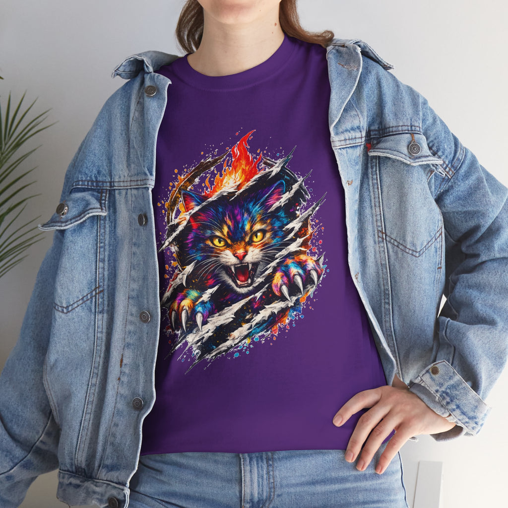 Colorful Angry Cat Rip Through Graphic Tee | Neon Cat T-Shirt | Unisex Streetwear Shirt | Fierce Cat Art | Gift for Cat Lovers