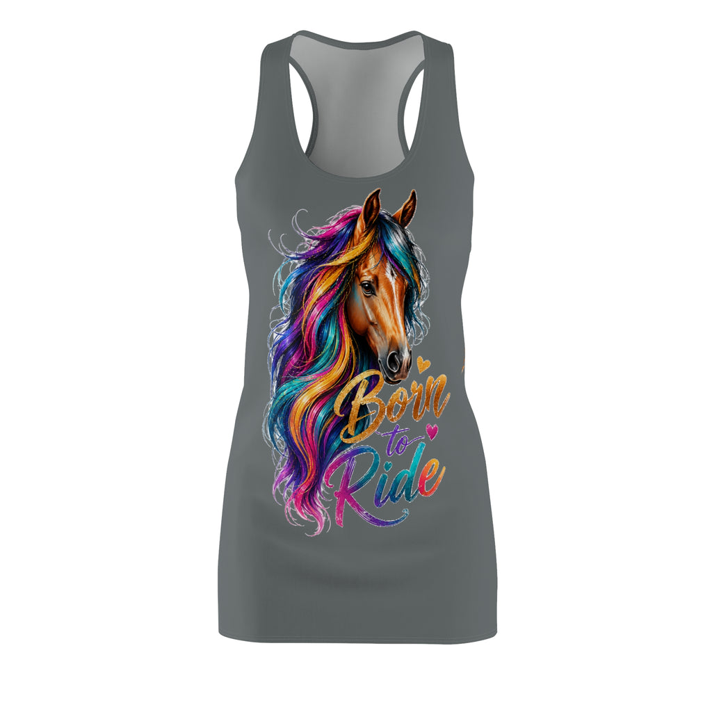 Colorful Horse Racerback Dress, Born to Ride Dress, Horse Lover Gift, Equestrian Summer Dress, Rainbow Horse Graphic Dress, Women's Casual Tank Dress