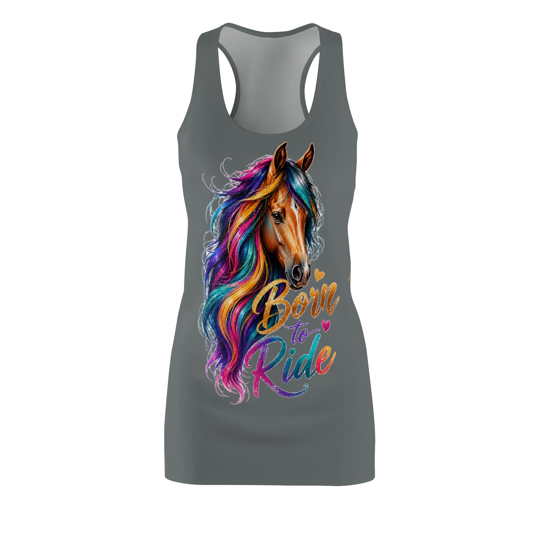 Colorful Horse Racerback Dress, Born to Ride Dress, Horse Lover Gift, Equestrian Summer Dress, Rainbow Horse Graphic Dress, Women's Casual Tank Dress