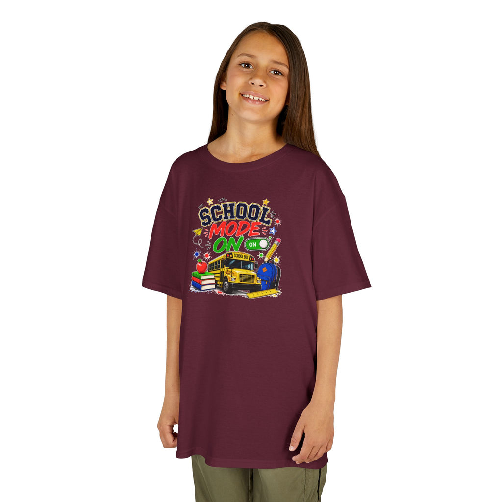 School Mode On Kids T‑Shirt — Back-to-School Graphic Tee with Bus, Books & Apple