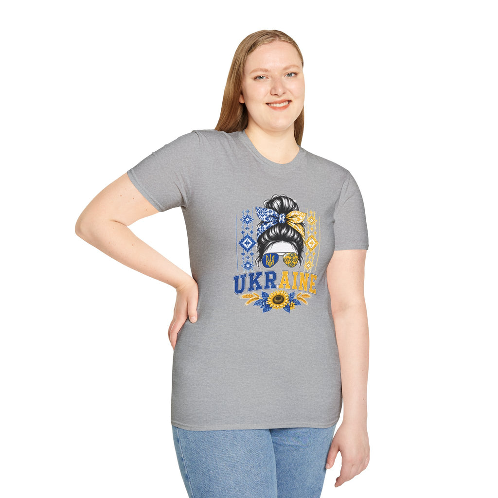 Ukraine Sunflower Hair Bun T-Shirt — Messy Bun with Blue & Yellow Bandana