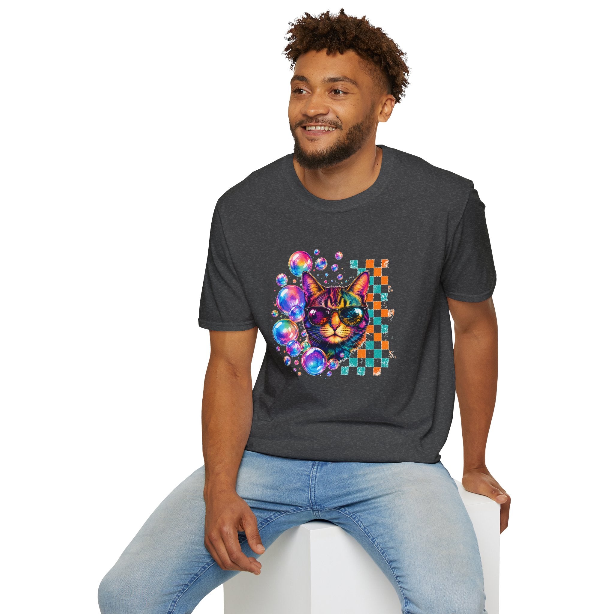 Colorful Cat Sunglasses T-Shirt, Retro Pop Art Cat Tee, Fun Graphic Shirt