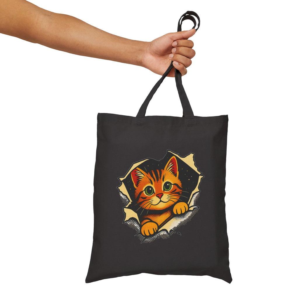 Cat Peeking Tote Bag — Cute Kitten Canvas Grocery & Book Bag