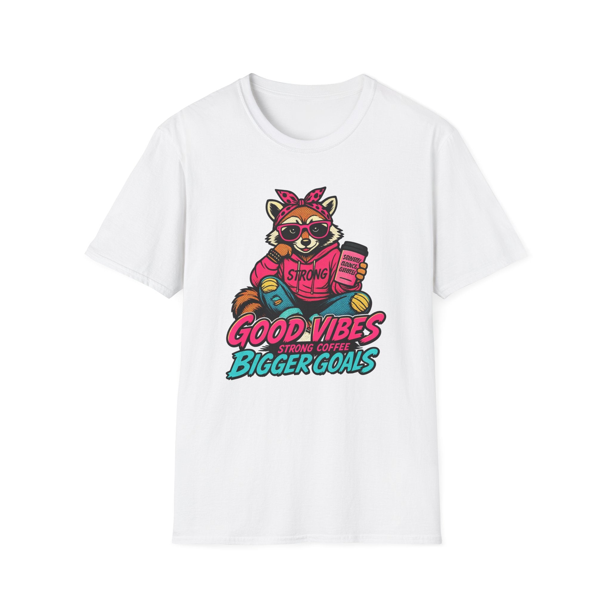 Good Vibes Bigger Goals T-Shirt — Raccoon Coffee Motivation Tee
