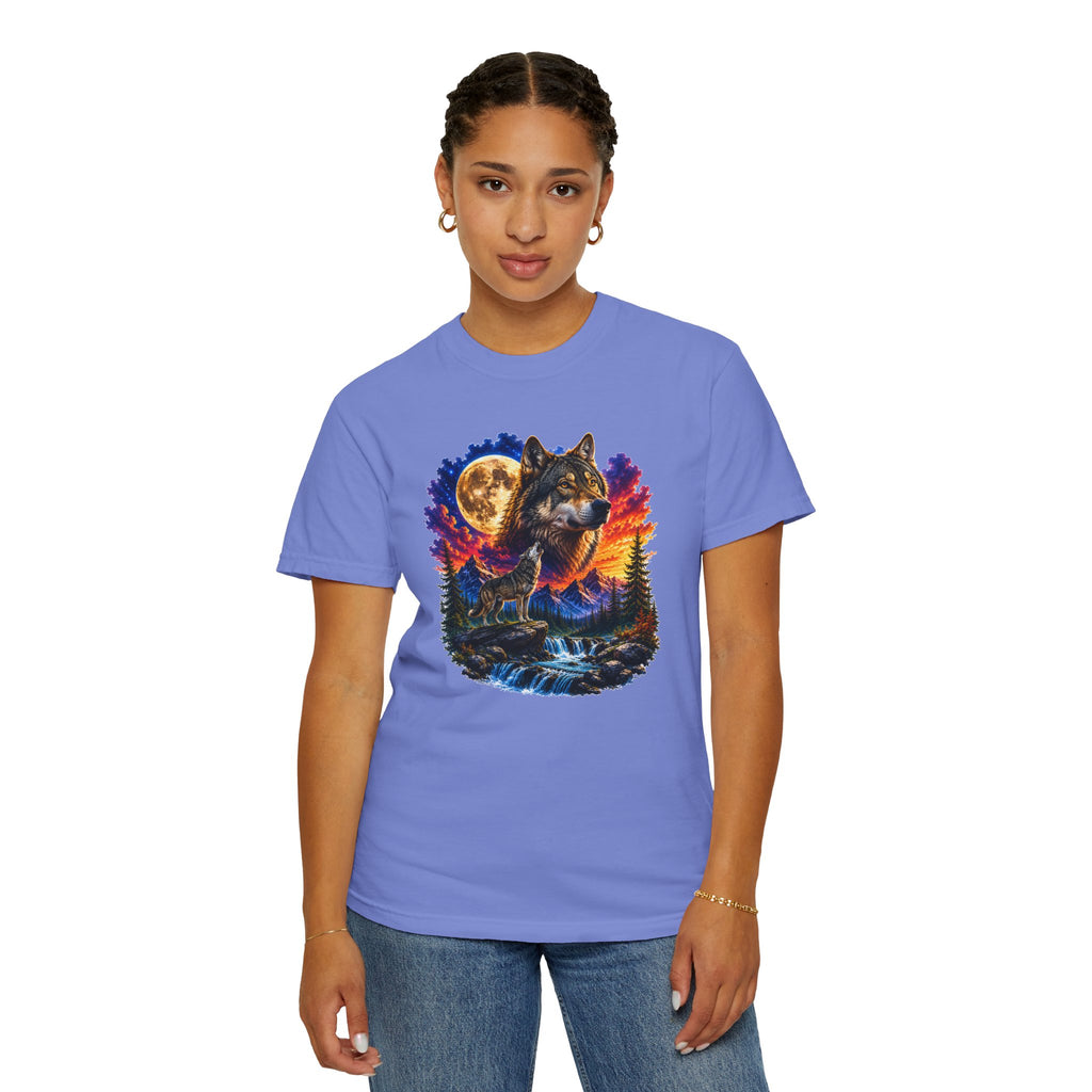 Colorful Wolf Moon T-Shirt, Nature Lover Gift, Howling Wolf Graphic Tee, Mountain Forest Shirt, Wildlife Adventure Tee