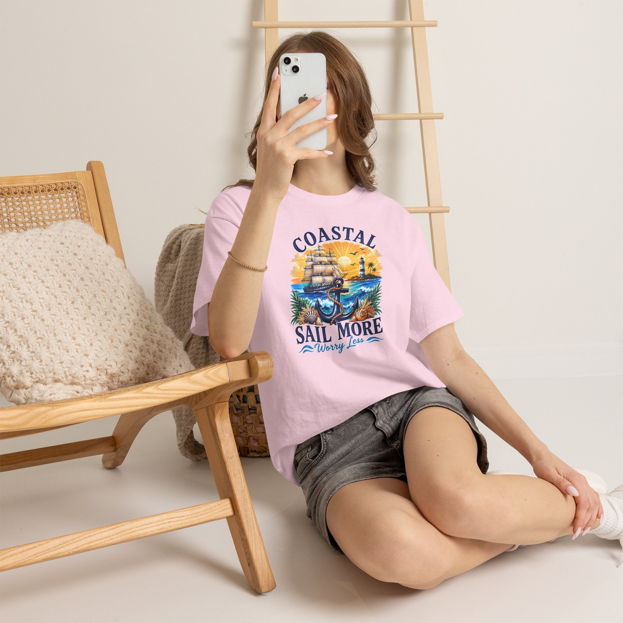 Coastal Sail More Worry Less T-Shirt | Nautical Beach Graphic Tee | Sailing Lover Shirt | Ocean Sunset Gift