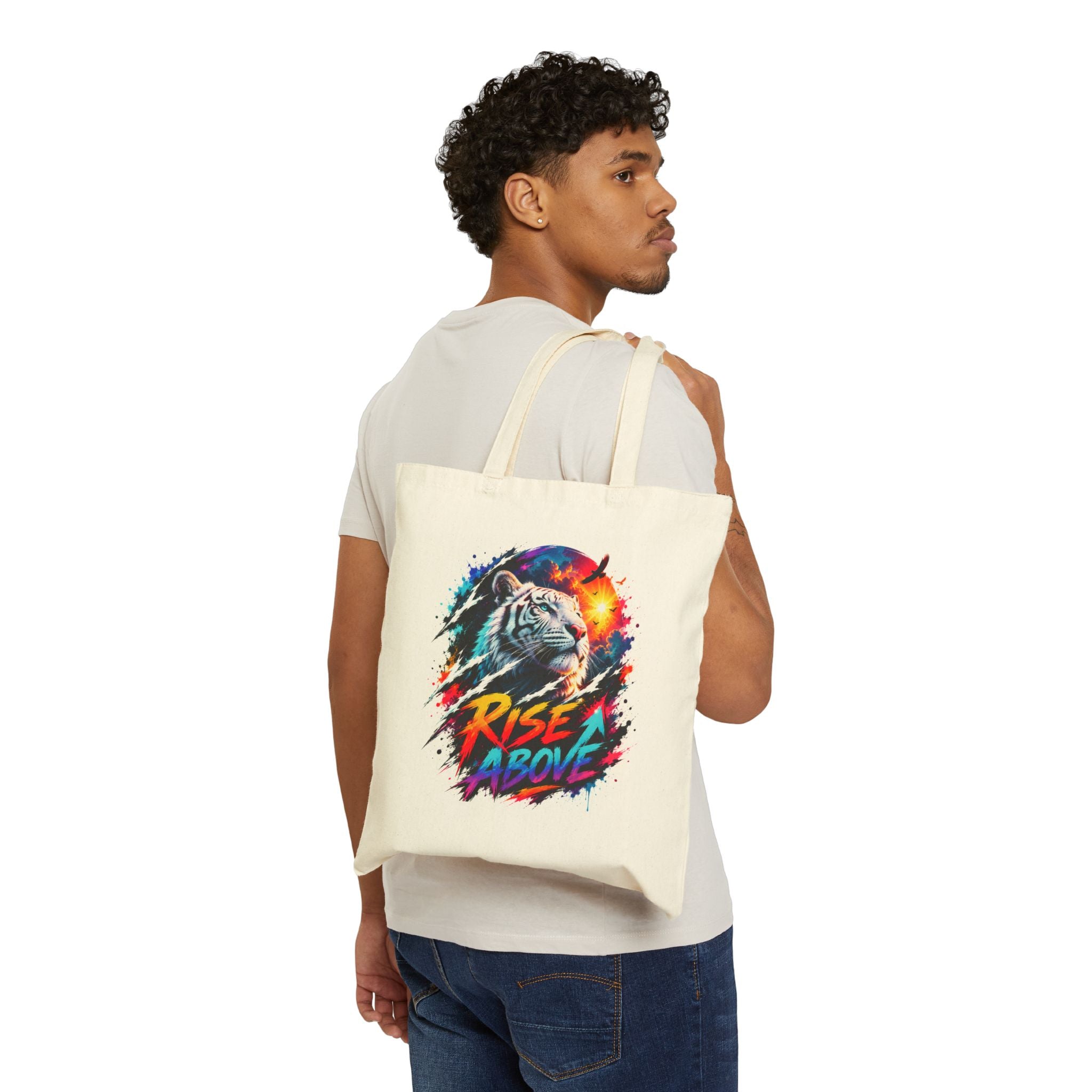 Rise Above Tiger Tote Bag | Colorful White Tiger Canvas Bag | Motivational Tote | Neon Animal Art | Reusable Shopping Bag | Gift for Tiger Lovers