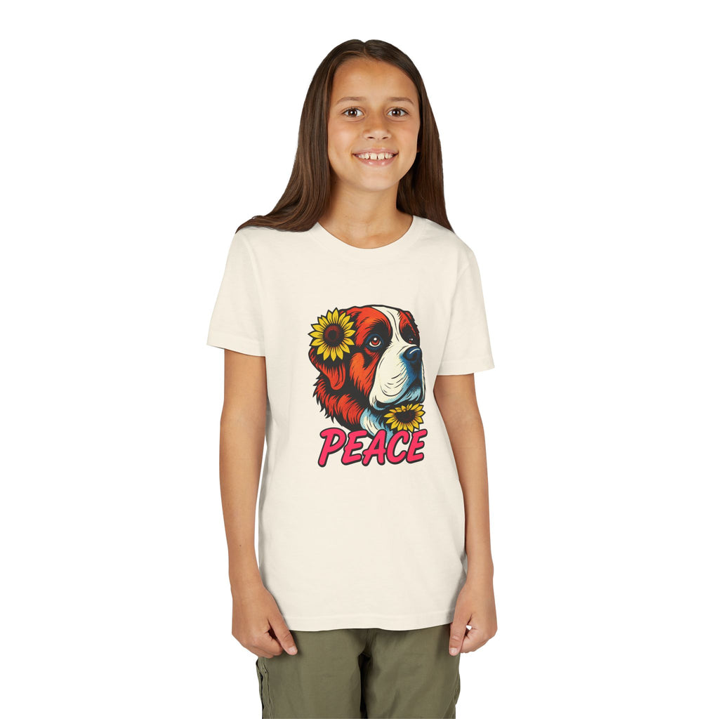 Youth Tee — Saint Bernard Dog with Sunflowers "Peace" Graphic