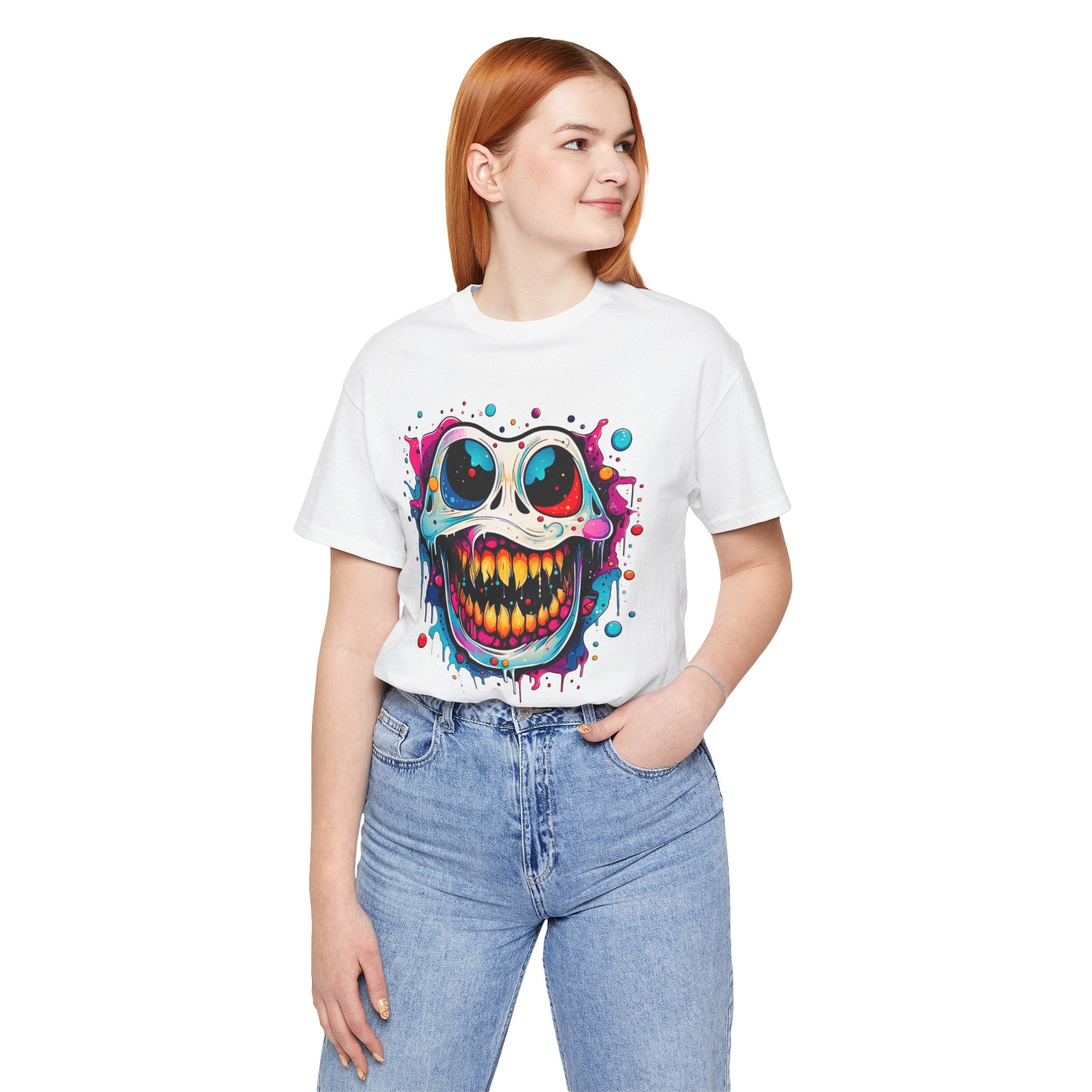 Unisex Skull Smile Tee -Vibrant Neon Drip Horror Graphic T Shirt