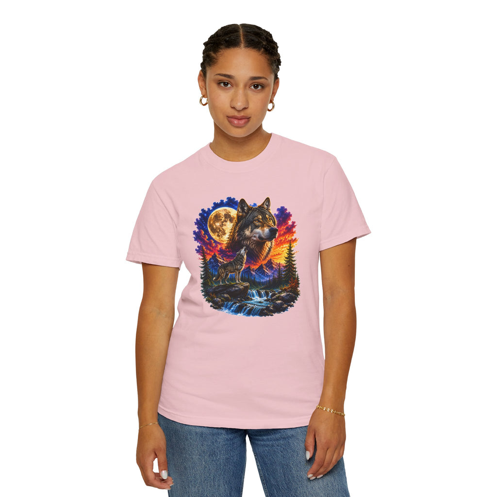 Colorful Wolf Moon T-Shirt, Nature Lover Gift, Howling Wolf Graphic Tee, Mountain Forest Shirt, Wildlife Adventure Tee