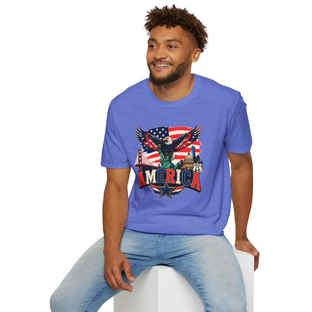 America Eagle Graphic T-Shirt — Patriotic USA Flag & Landmarks Tee (Statue of Liberty, Golden Gate, Capitol, Route 66)