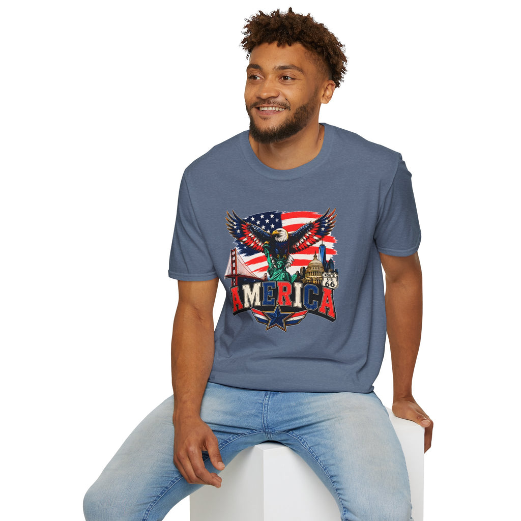 America Eagle Graphic T-Shirt — Patriotic USA Flag & Landmarks Tee (Statue of Liberty, Golden Gate, Capitol, Route 66)