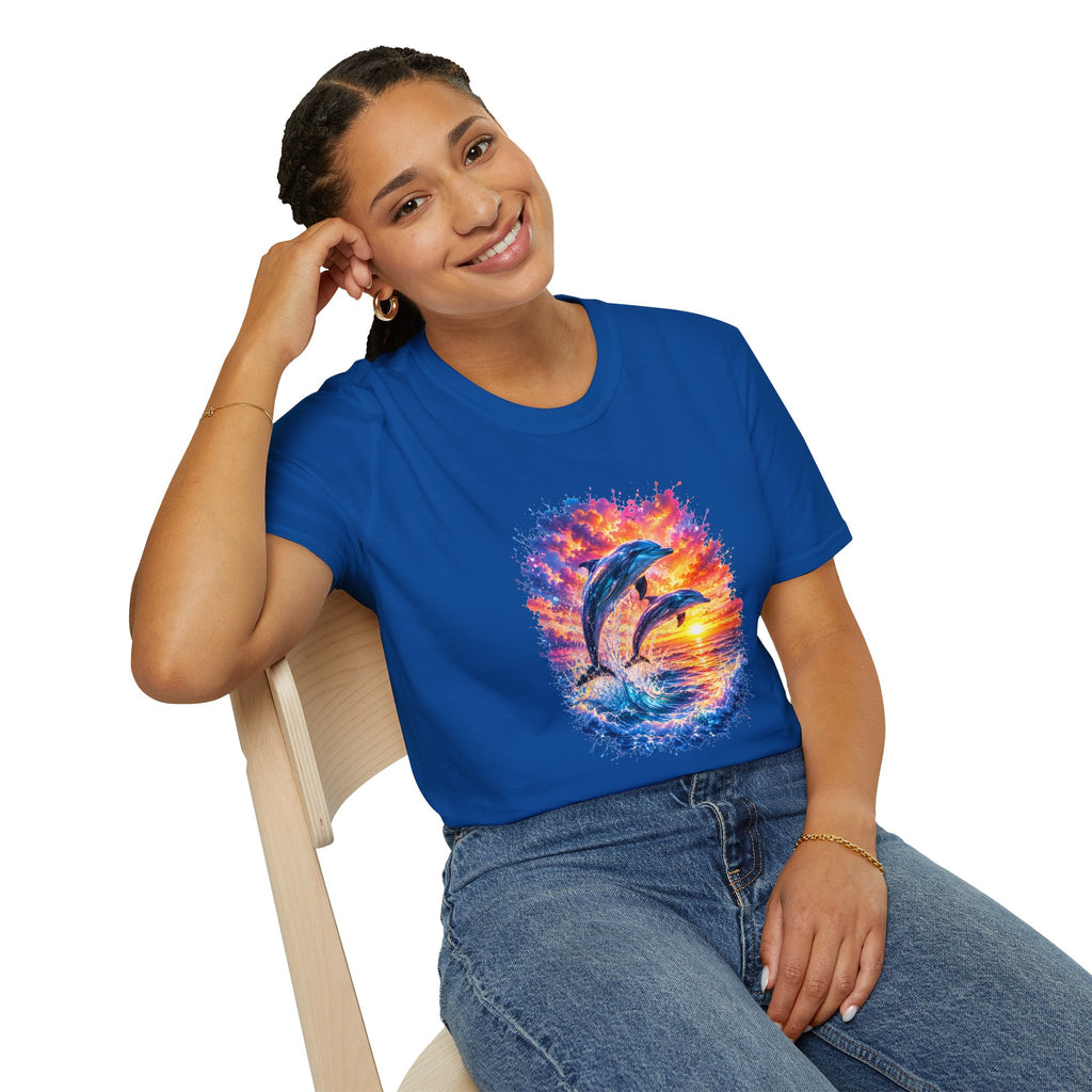 Dolphin Sunset TShirt  Vibrant Ocean Jump Graphic Tee