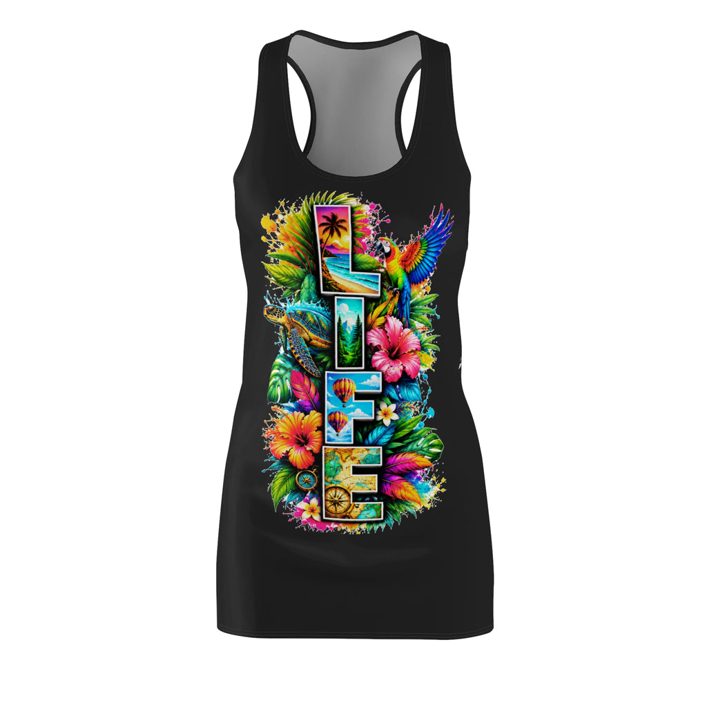Life Tropical Racerback Dress — Vibrant Floral & Parrot Beach Sundress