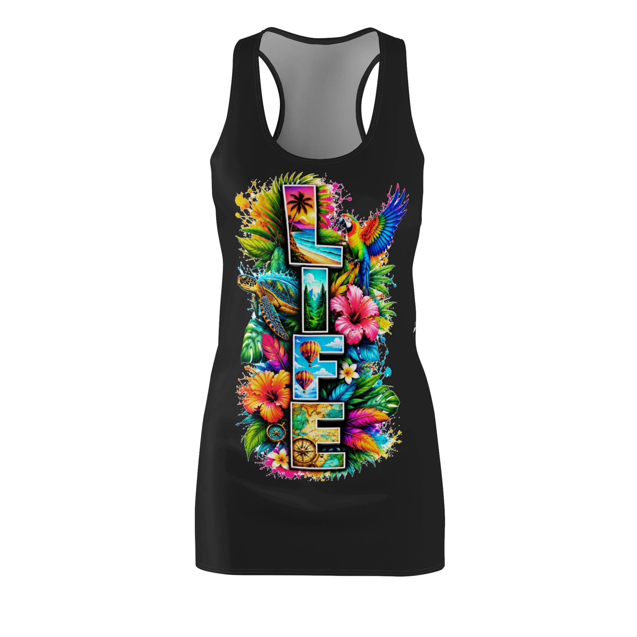 Life Tropical Racerback Dress — Vibrant Floral & Parrot Beach Sundress