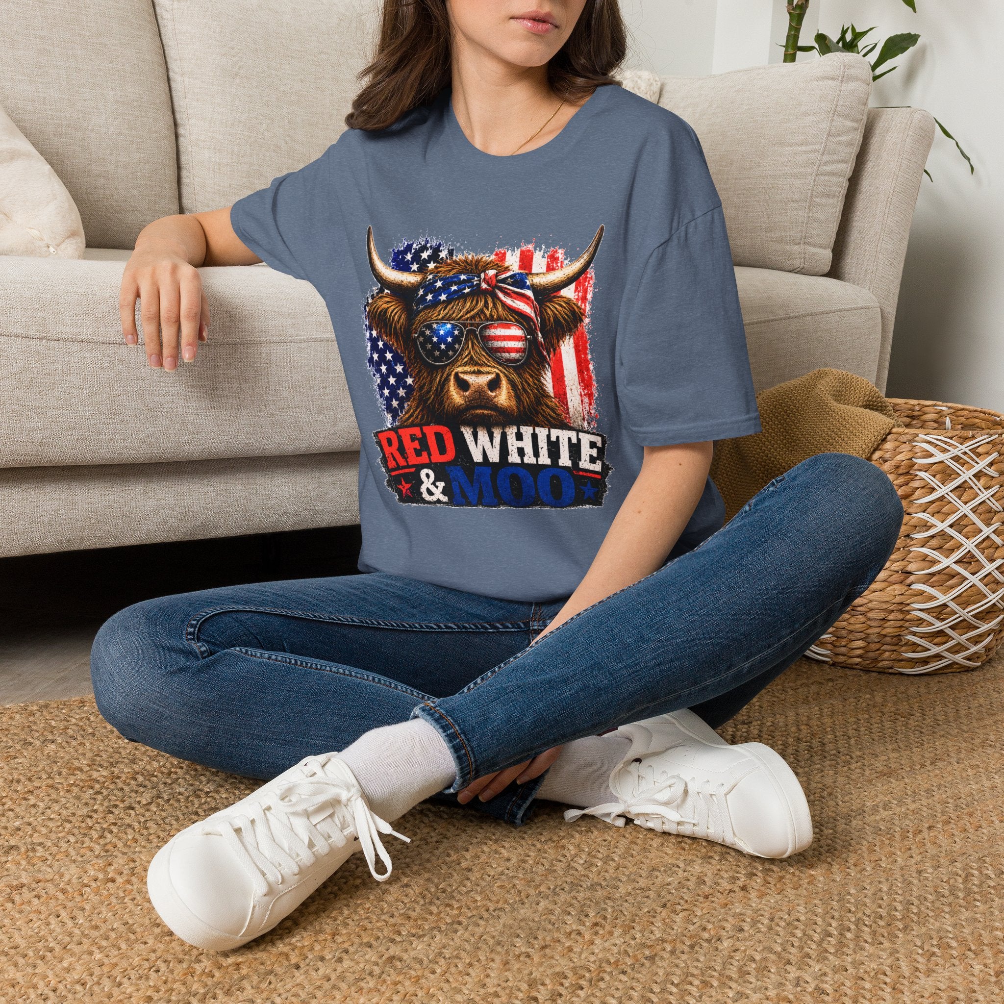 Patriotic Cow Graphic T-Shirt — "Red White & Moo" American Flag Tee