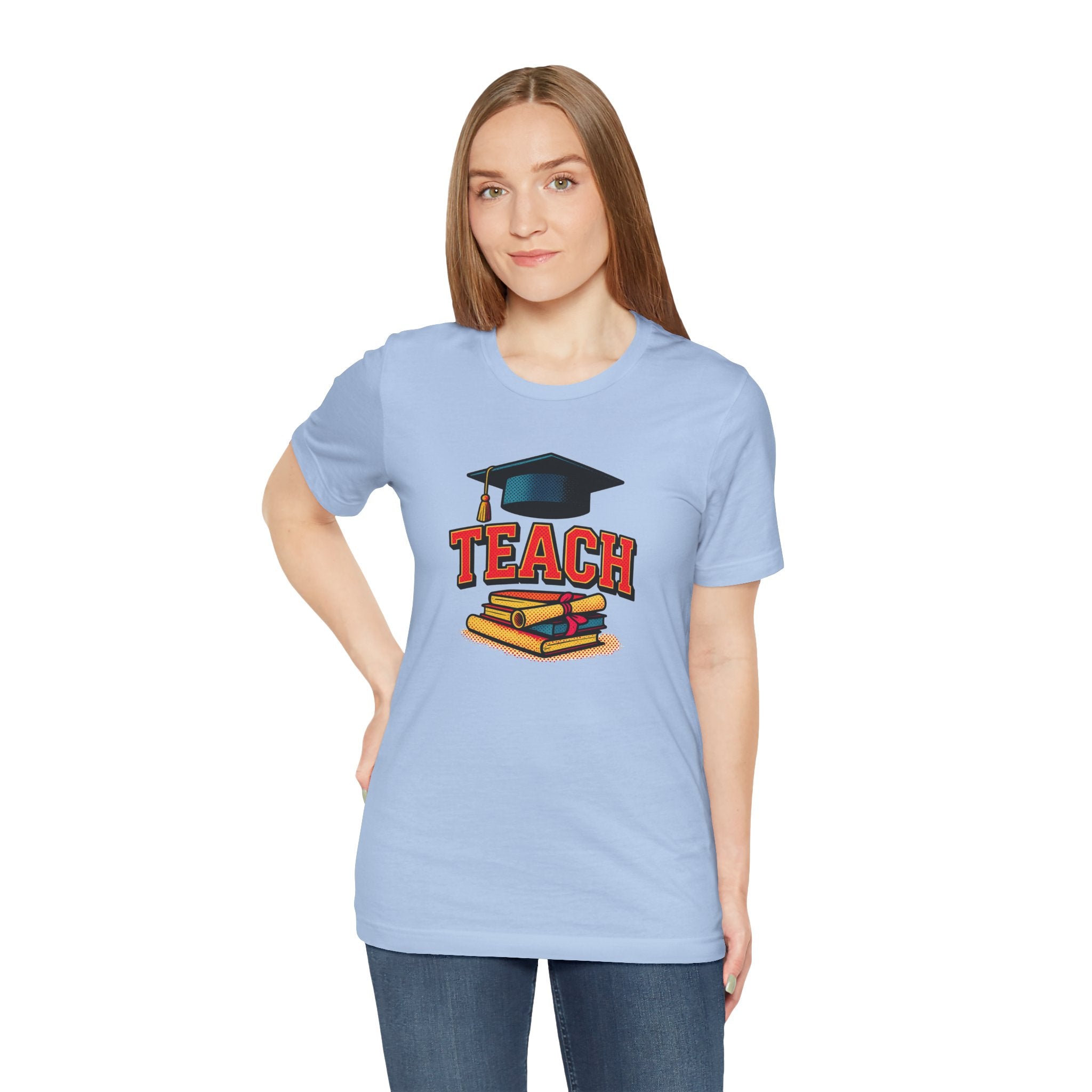 Teach Graduation T‑Shirt — Teacher Gift Tee with Cap & Books Design