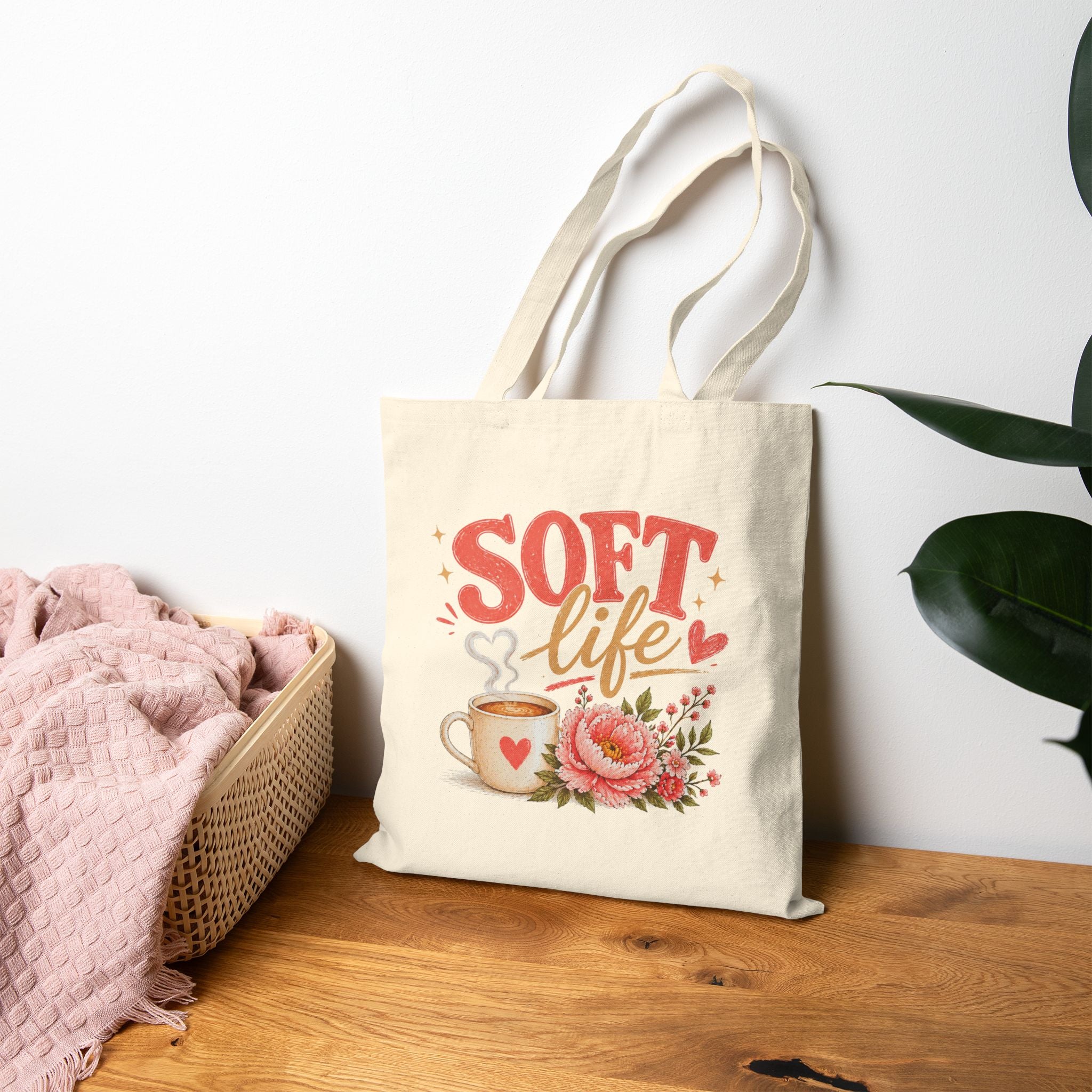 Tote Bag — "Soft Life" Floral Coffee Canvas Tote