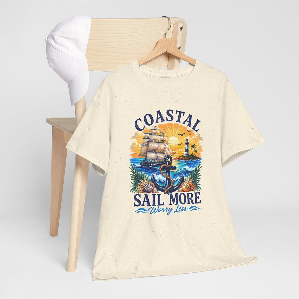 Coastal Sail More Worry Less T-Shirt | Nautical Beach Graphic Tee | Sailing Lover Shirt | Ocean Sunset Gift