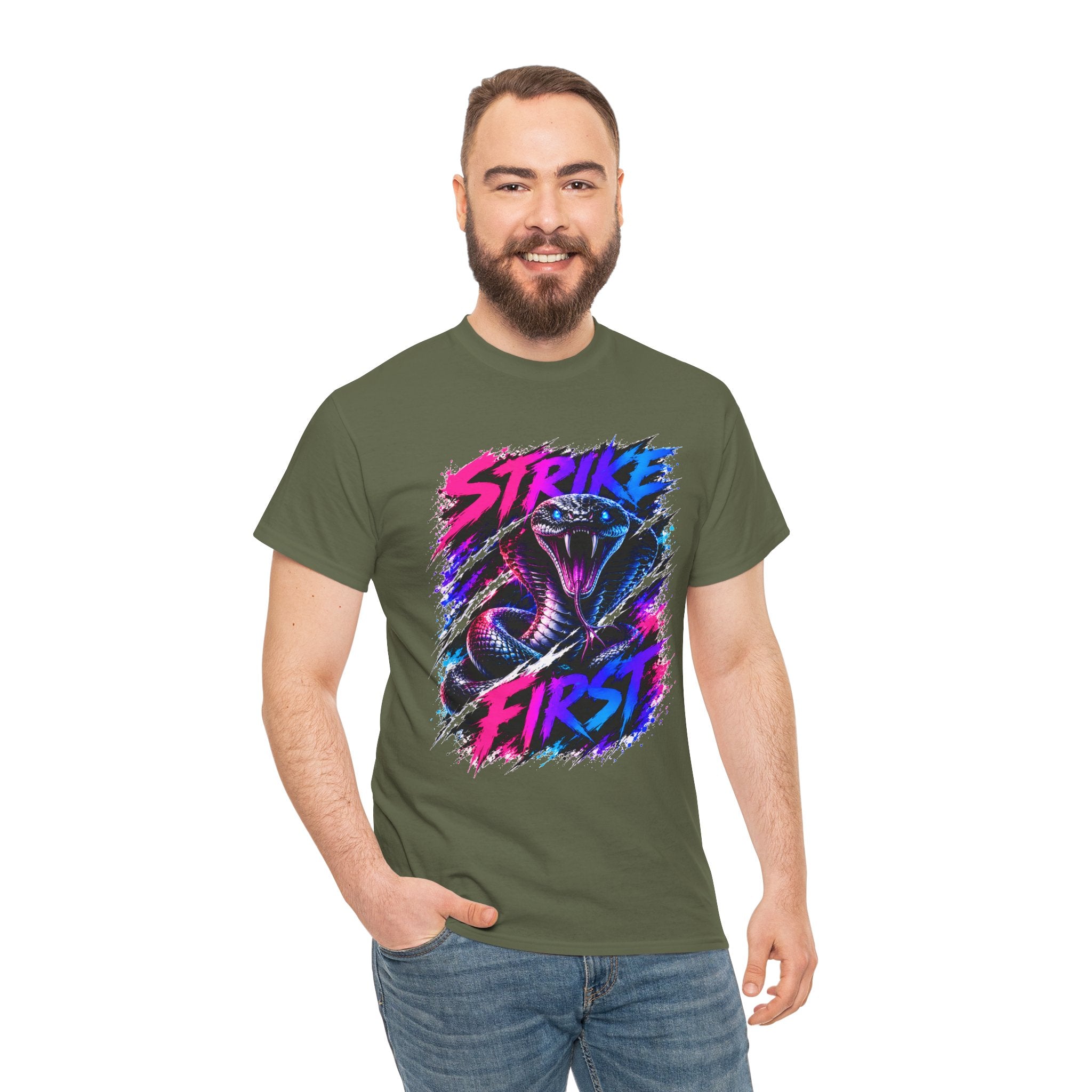 Strike First Cobra T-Shirt | Neon Snake Graphic Tee | Bold Streetwear Shirt | Unisex Graphic Tee