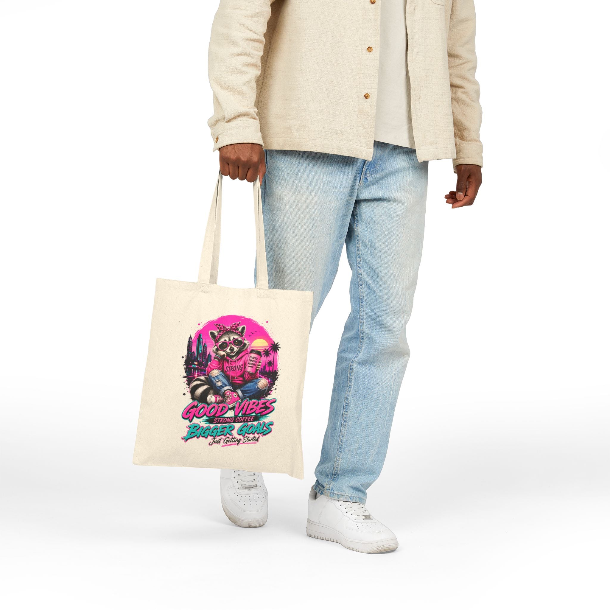 Cute Raccoon Tote Bag, Coffee Lover Gift, Good Vibes Bigger Goals Bag, Funny Reusable Grocery Tote, Aesthetic Canvas Style Shoulder Bag