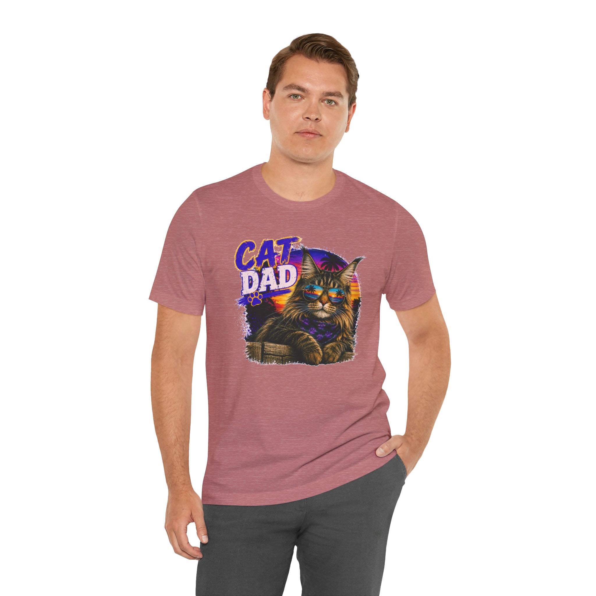 Cat Dad Maine Coon T-Shirt | Retro Sunset Cat Lover Shirt | Funny Cat Dad Gift | Vintage Graphic Tee for Men