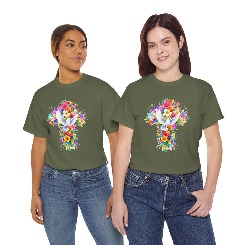 Christian Floral Cross T-Shirt | Dove Faith Shirt | Religious Graphic Tee | Holy Spirit Shirt | Easter Gift | Church Shirt