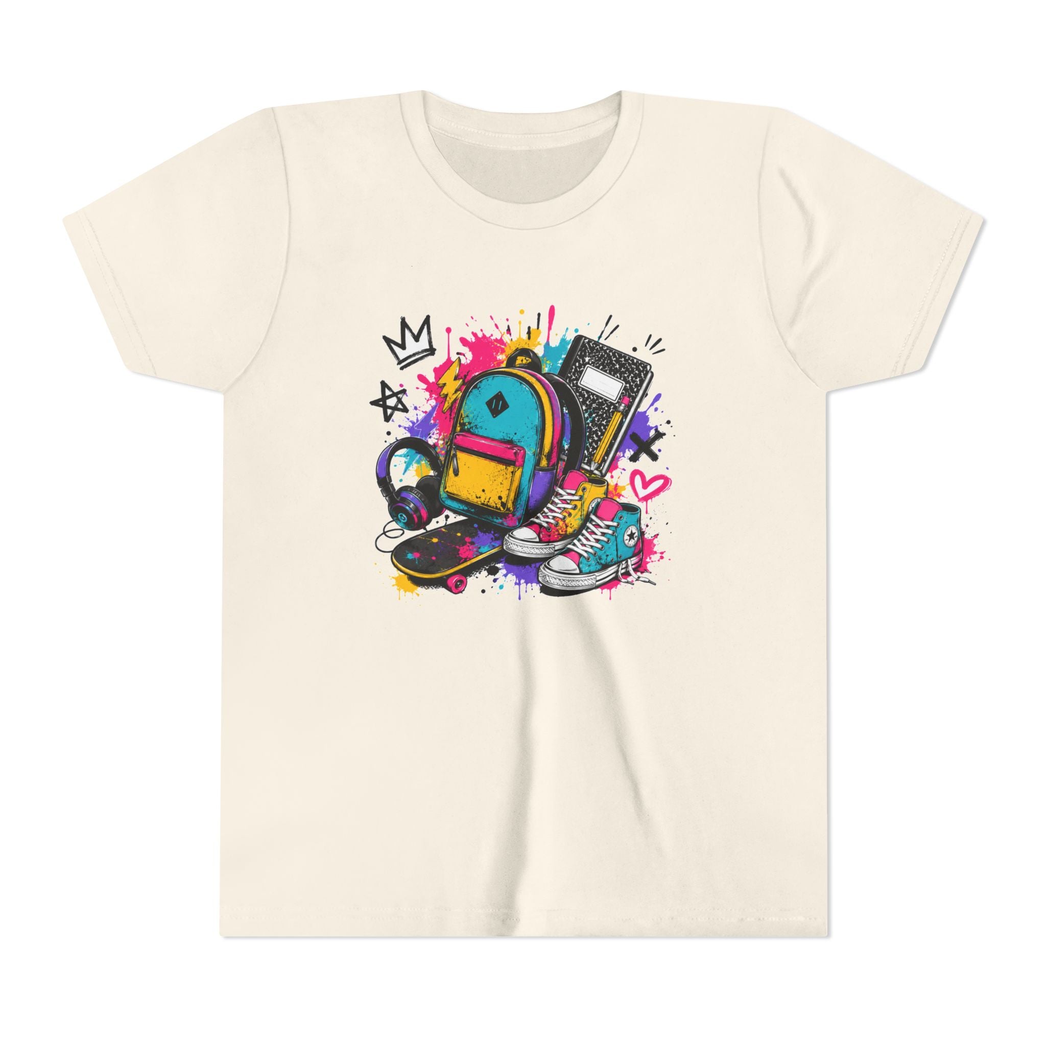 Youth Tee — Colorful Back-to-School Backpack Skateboard Graphic