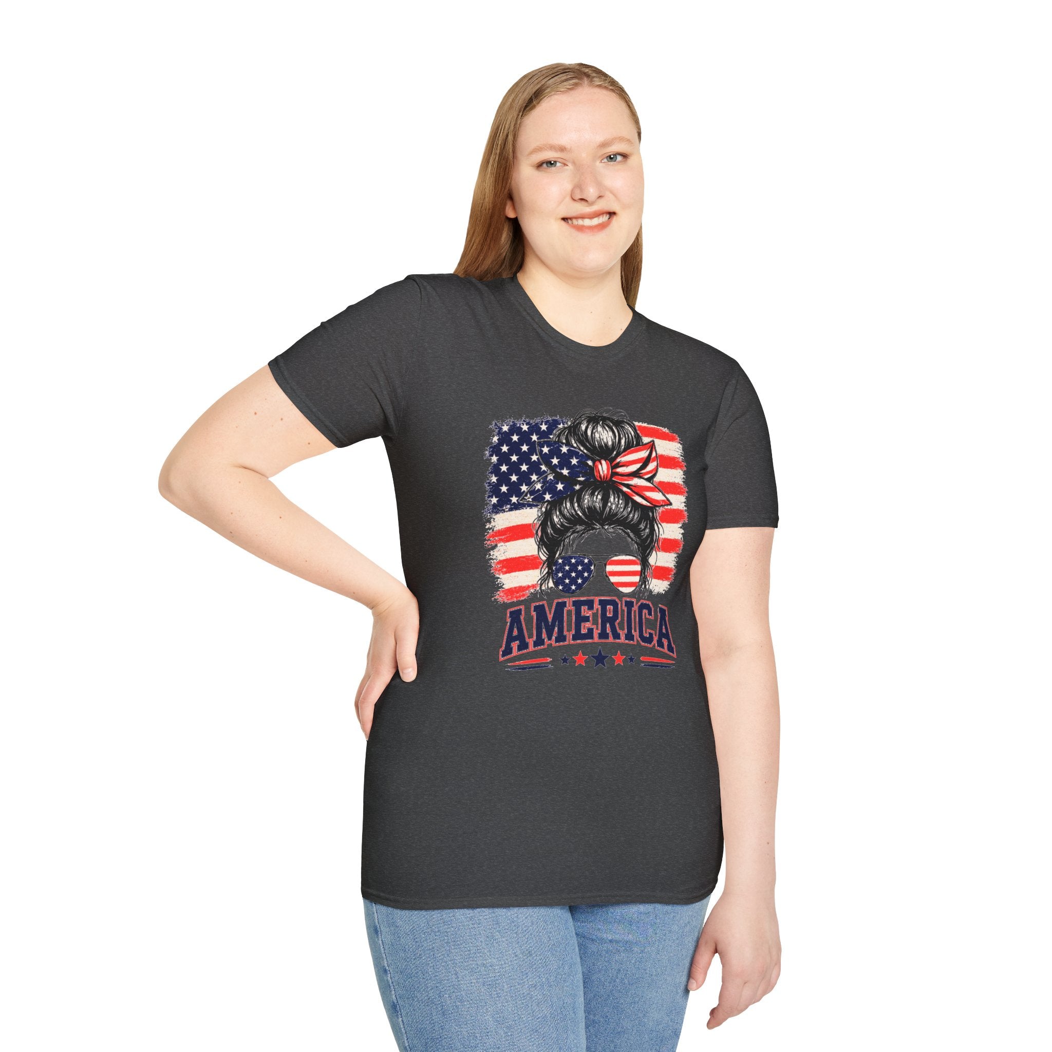 T-Shirt — Messy Bun American Flag Design (Patriotic Hair Band & Sunglasses)
