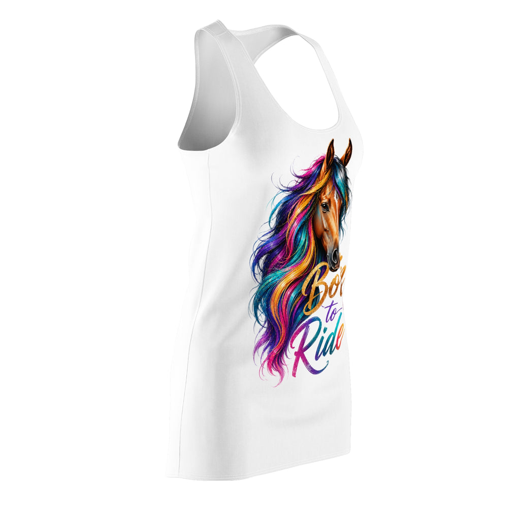 Colorful Horse Racerback Dress, Born to Ride Dress, Horse Lover Gift, Equestrian Summer Dress, Rainbow Horse Graphic Dress, Women's Casual Tank Dress