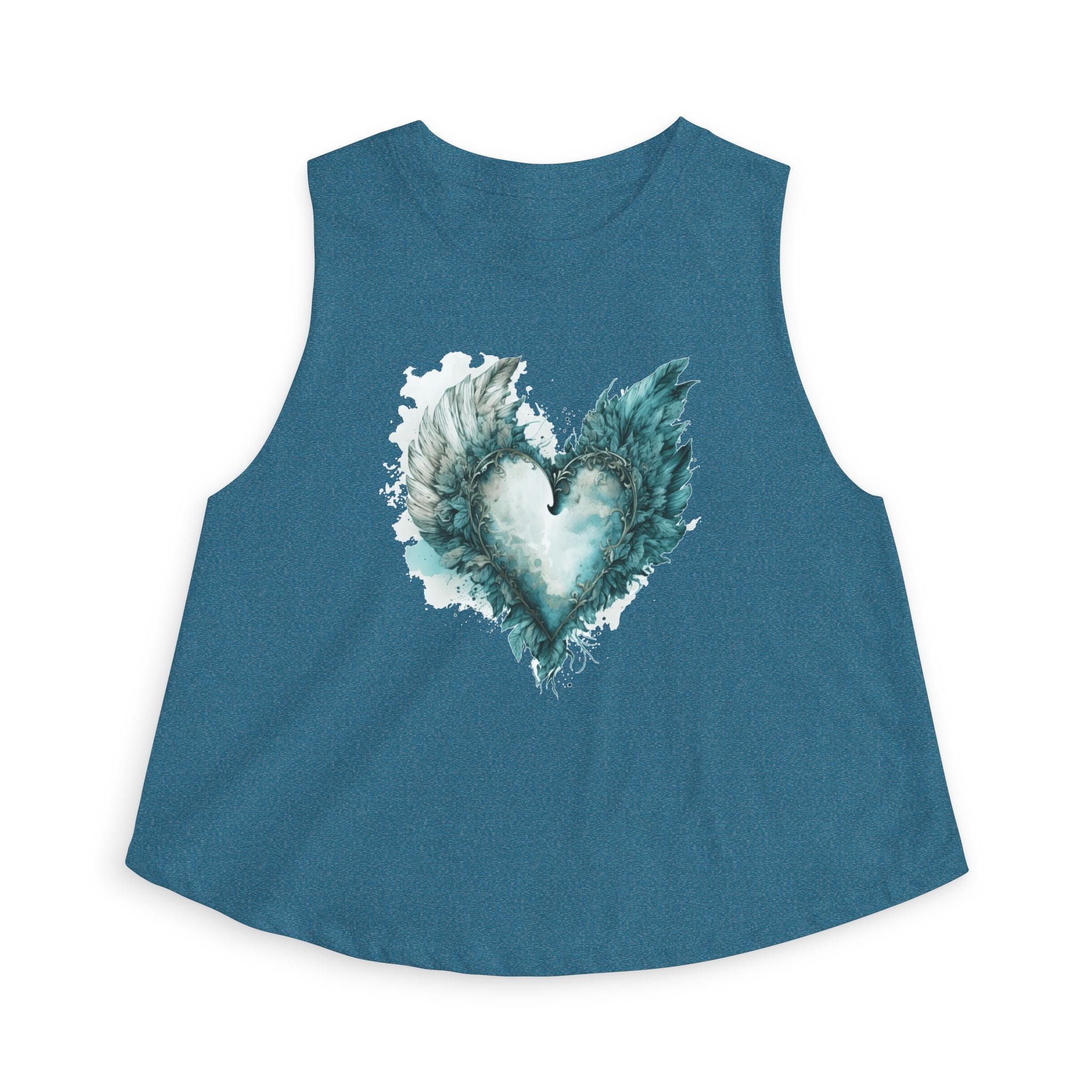 Winged Heart Crop Top, Angel Wings Heart Shirt, Teal Watercolor Graphic Crop Top, Aesthetic Women's Crop Tee