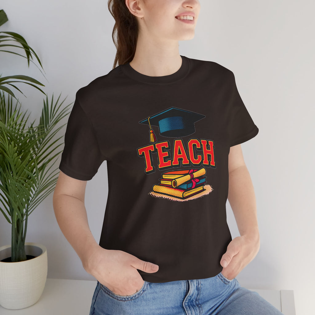 Teach Graduation T‑Shirt — Teacher Gift Tee with Cap & Books Design