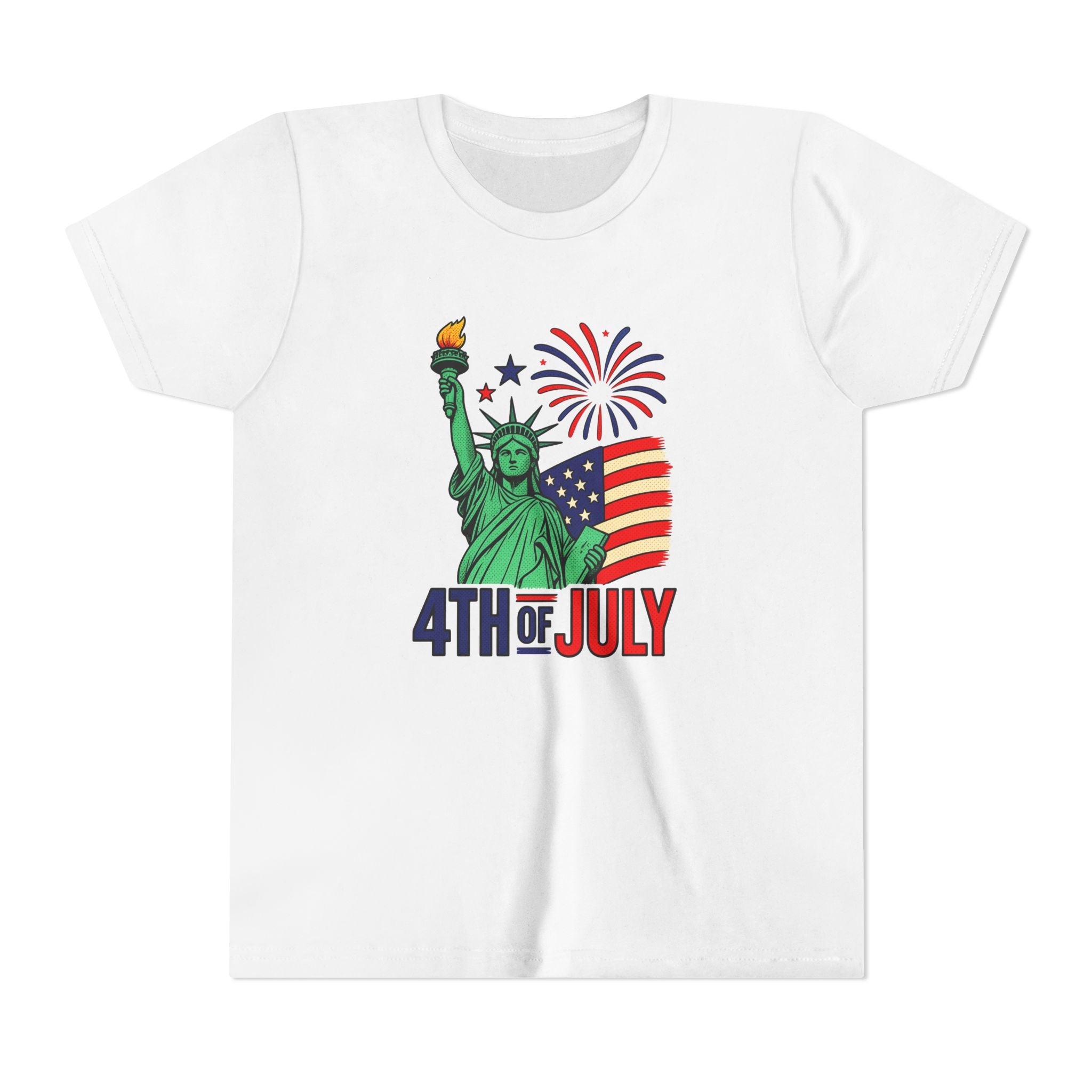 Kids 4th of July T-Shirt – Statue of Liberty, Flag & Fireworks Youth Tee