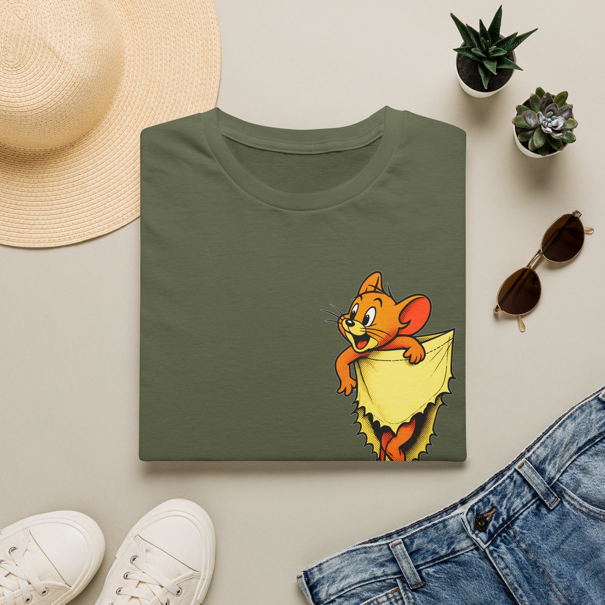 Jerry Pocket Tee — Cute Cartoon Mouse Peeking From Cheese T-Shirt