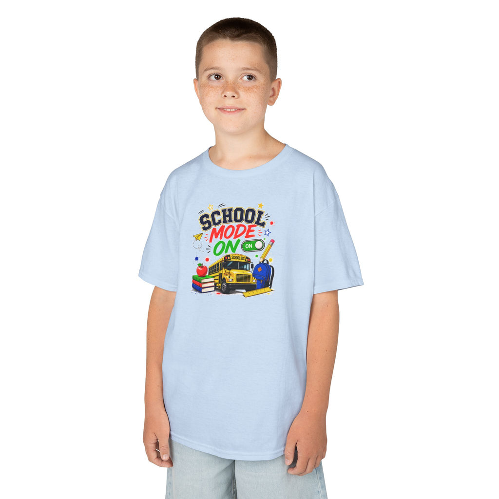School Mode On Kids T‑Shirt — Back-to-School Graphic Tee with Bus, Books & Apple