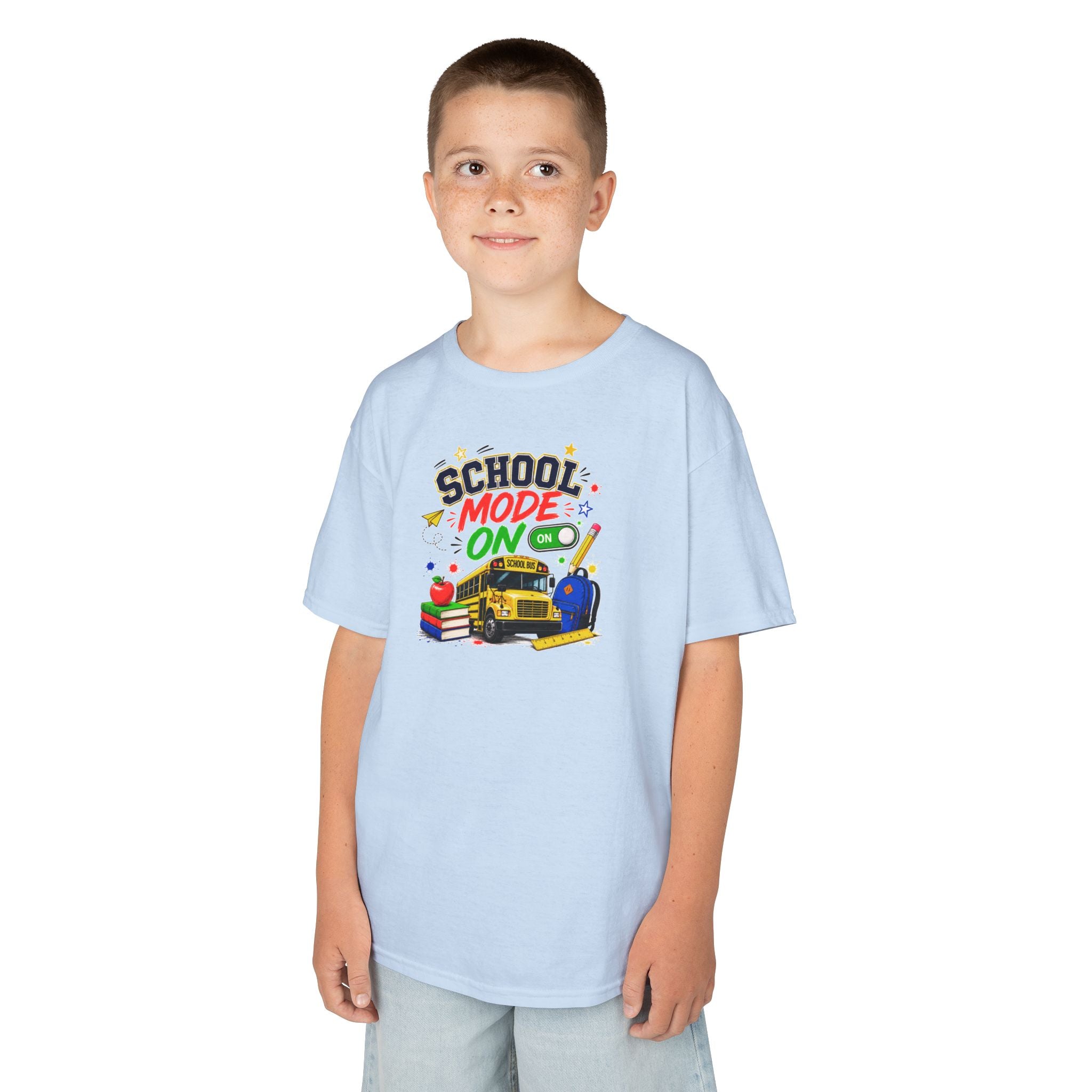 School Mode On Kids T‑Shirt — Back-to-School Graphic Tee with Bus, Books & Apple