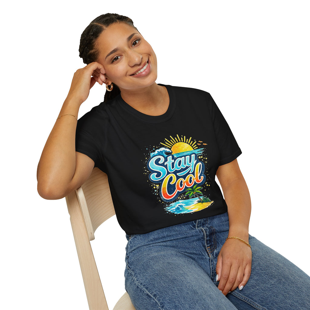 Stay Cool Beach T-Shirt — Vintage Sunset Palm Island Graphic